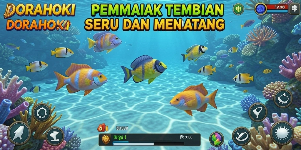 Screenshot gameplay DORAHOKI menampilkan aksi menangkap ikan yang seru.