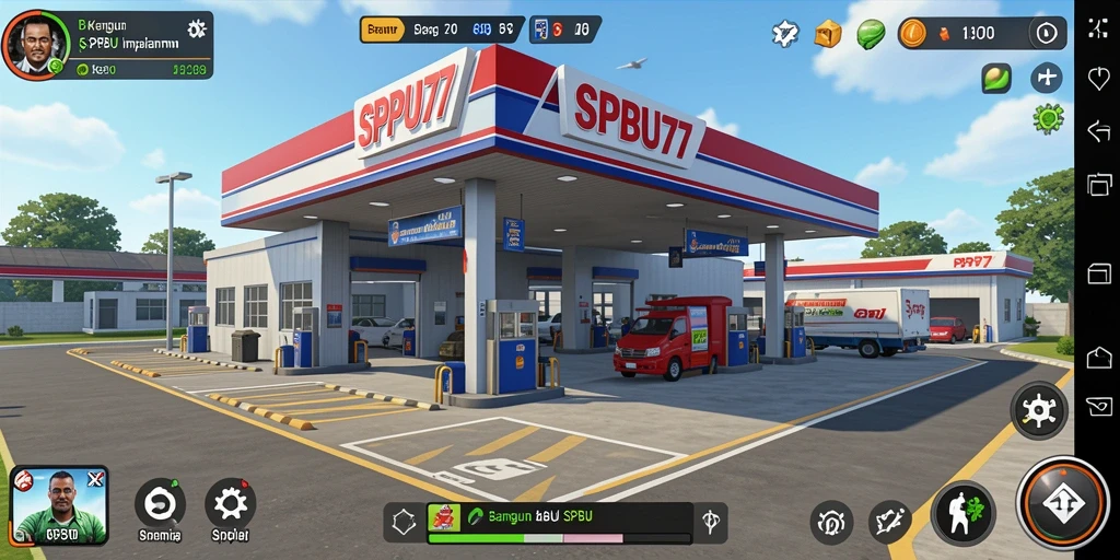Tangkapan layar gameplay SPBU77 yang menunjukkan pengelolaan stasiun bahan bakar.